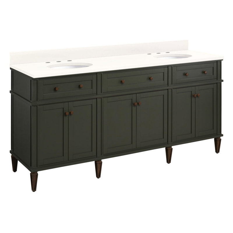 72" Elmdale Double Vanity for Rectangular Undermount Sinks, Arctic White Quartz, Dark Olive Green, Carob Brown