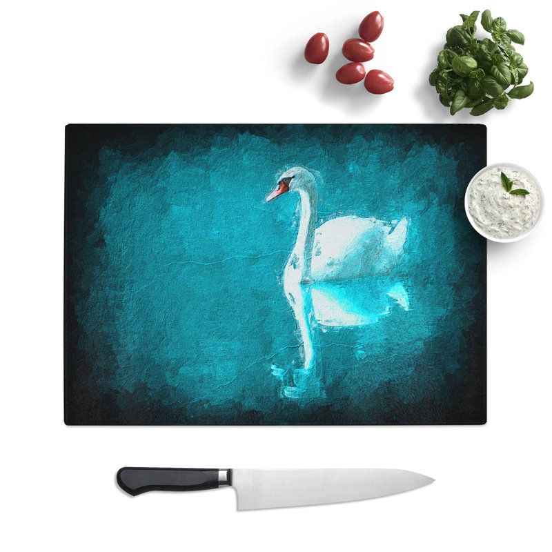 Tempered Glass White Swan on a Blue Lake in Abstract Chopping Board, 28.5 cm W x 20 cm L