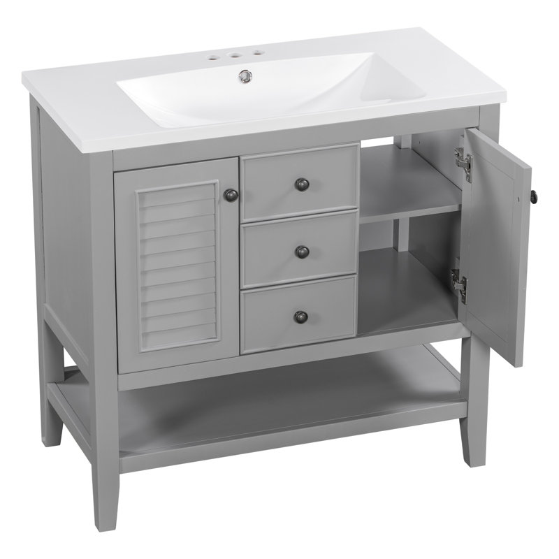 De salle de bain gris avec lavabo en céramique, deux armoires et tiroirs, tablette ouverte, structure en bois massif (sy999101aae-1)