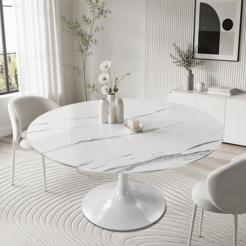 Table ronde moderne à motif de marbre, 23.6"W, White Marble