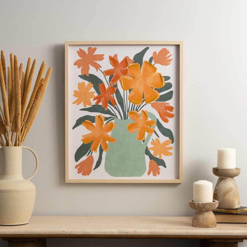 Cole and Grey Canvas Floral Orange Living Room Framed Wall Art with Green Leaves and Vase, 24" H x 20" W