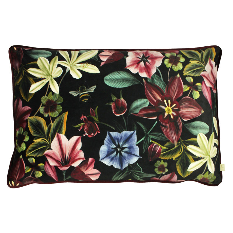 Midnight Garden Floral Velvet Piped Cushion, Feathers, Teal