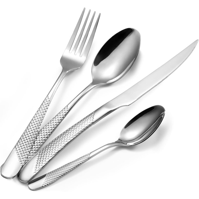Ensemble de 16 couverts en argent martelé pour 16 personnes, ensemble de couverts en acier inoxydable de qualité supérieure avec poli miroir, ensemble de couverts de conception moderne comprenant des fourchettes, des couteaux, des cuillères et un lave