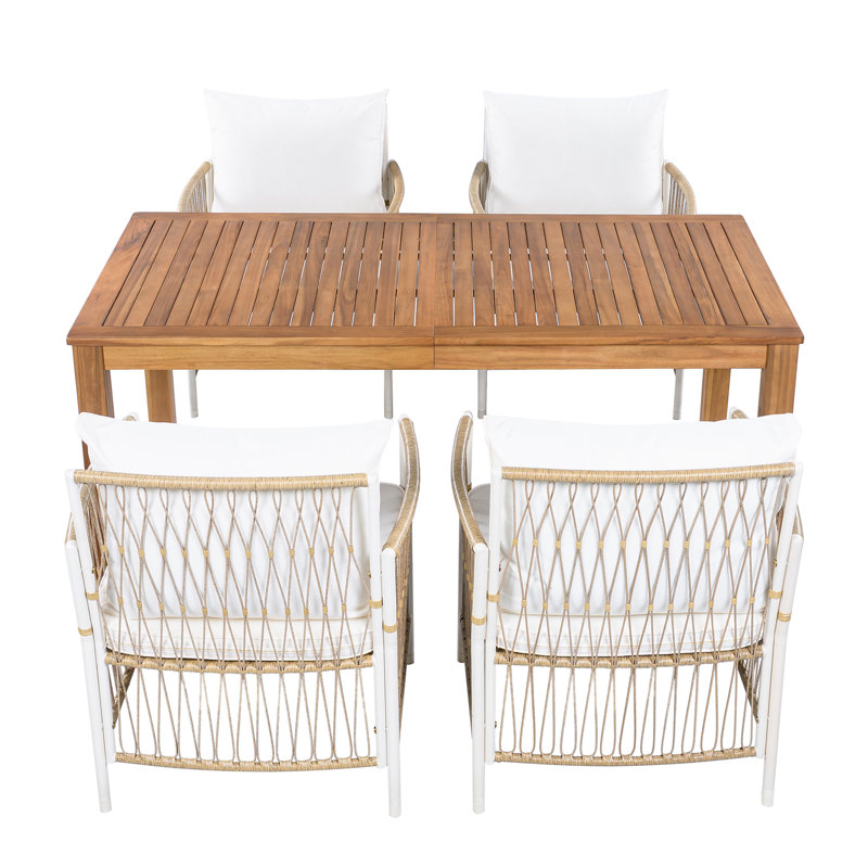 Ensemble de table de salle à manger en bois pour patio de 5 pièces, table rectangulaire d'extérieur de L 67 po avec 4 chaises en rotin
