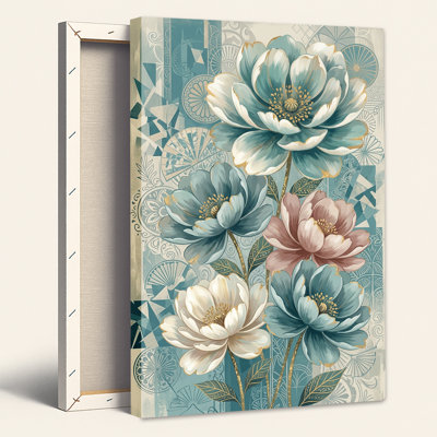 Toile murale représentant des pivoines turquoise, blanches et roses avec des accents dorés