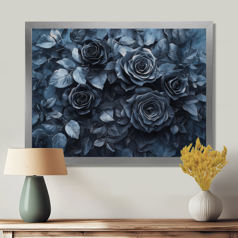 Décoration murale Midnight Roses Elegance II - Bouquets assortis, Argent argent, Cadre simple, H 24 po x l 32 po