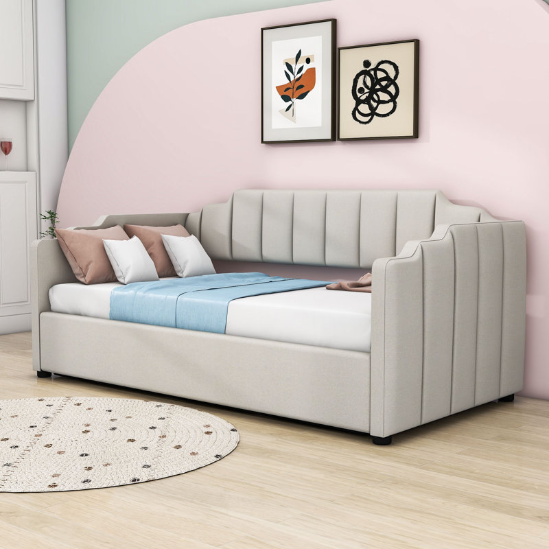 Lit de jour rembourré en bois avec rangement inférieur, Lit simple, Beige