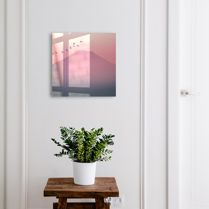 Decorative key box for wall, Opens to the left, 30x30x5, Black, A gentle mountain and birds in a pink sky, 