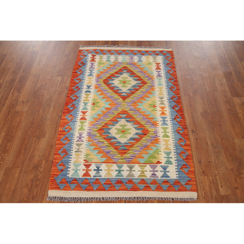 Tapis de vestibule oriental multicolore en laine Kilim 3 x 4