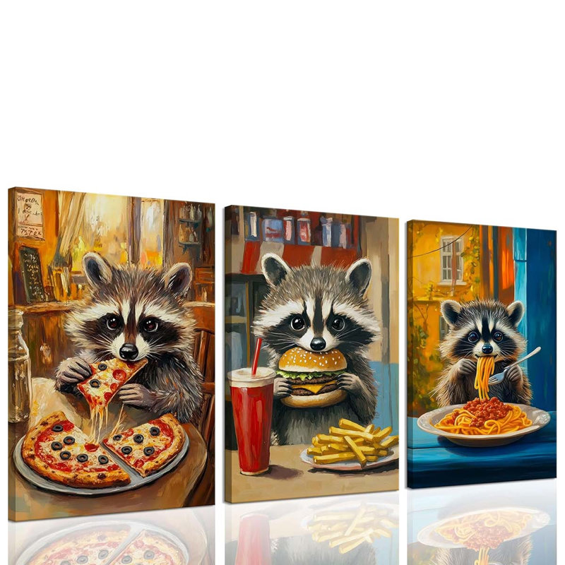 Wall Art Funny Kitchen Dining Room Wall Decor Pictures Lovely Animal Eat Pizza Hamburger Spaghetti Creativity.