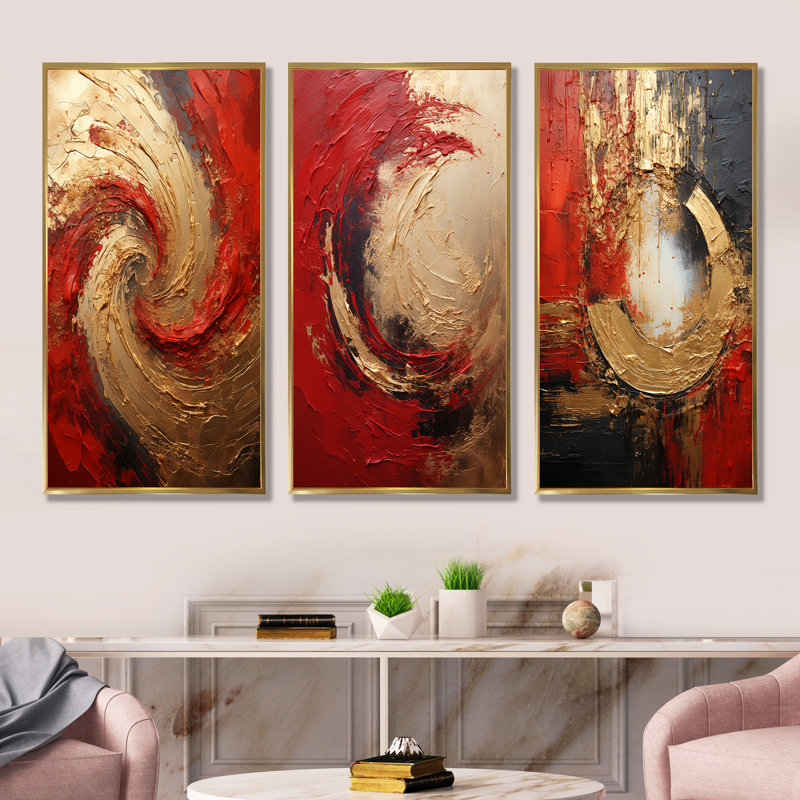 «Red Gold Fusion Spiral» - ensemble de 3 toiles abstraites - ensemble d'art mural moderne, Cadre flottant doré