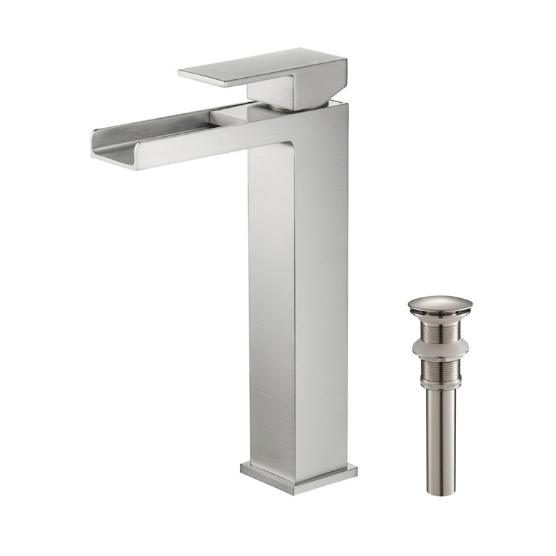 Waterfall Single-handle Bathroom Faucet with Drain Assembly, Brushed Nickel, With Pop Up Drain
