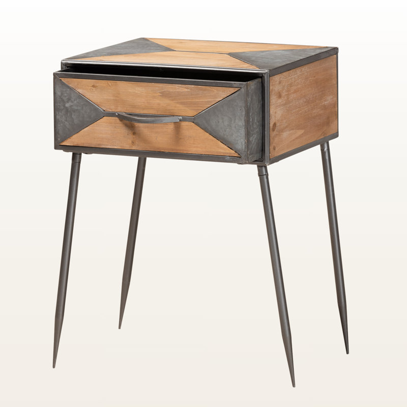 Table de bout à 1 tiroir Vortex en métal gris antique et chêne blanchi blanchi