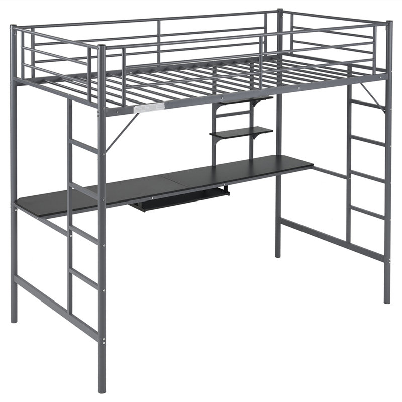Twin Size Metal Loft Bed With Desk And Storage Shelves, 2 Built-In Ladders, Gray