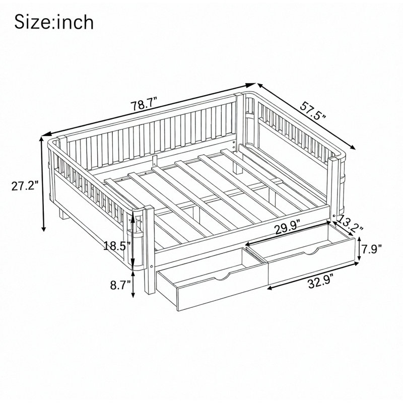 Lit plateforme en bois avec rangement spacieux, rails de sécurité, Lit double, Blanc