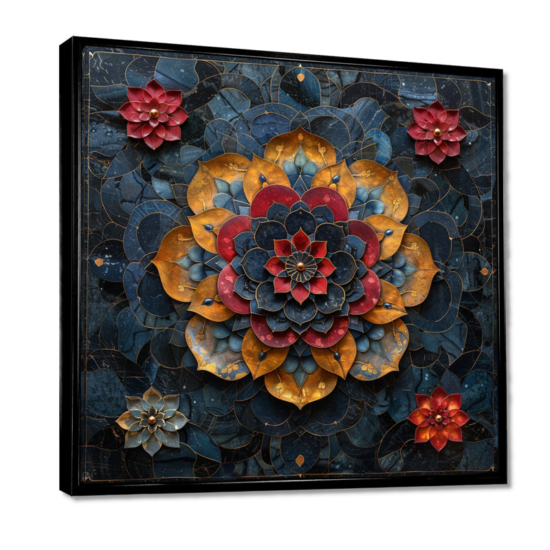 Fleur de lotus rouge, pétales dorés - mandala boho, Toile avec cadre flottant noir, H 16 po x l 16 po x P 1 po