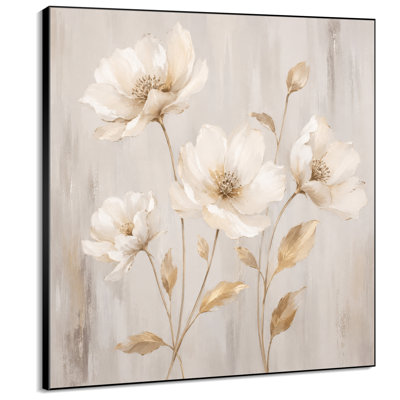Très grand art mural imprimé sur tissu - Fleurs blanches ivoire avec feuilles dorées, motif floral neutre pour le salon ou la chambre à coucher - «Assemblage requis du cadre (cadre non fini)»