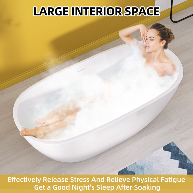 65 Inch Freestanding Soaking Acrylic Bathtub with Integrated Slotted Overflow and Chrome Anti-clogging Drain, Glossy White