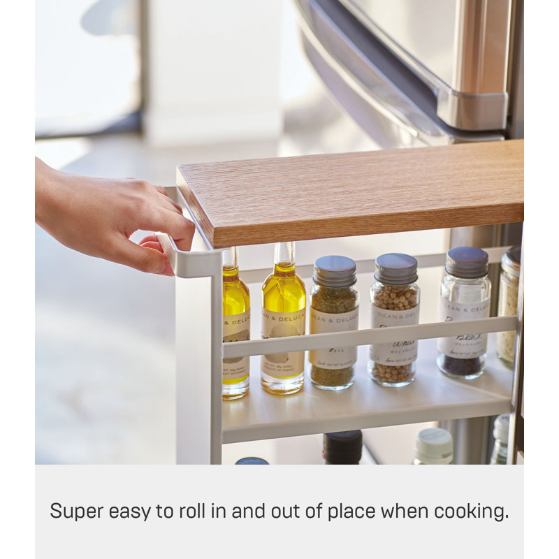 Slimline Tower White Steel Three-Tier Rolling Storage Cart with Wooden Accent
