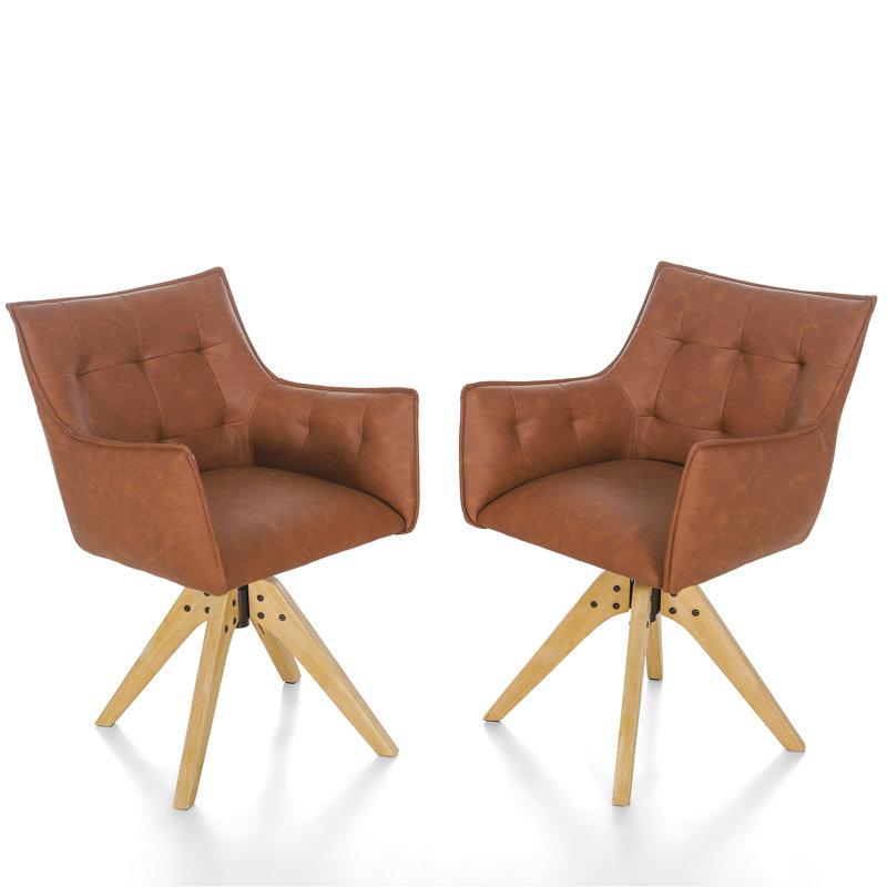 Cecial 21.45'' Wide Tufted Swivel Armchair, Brown Faux Leather