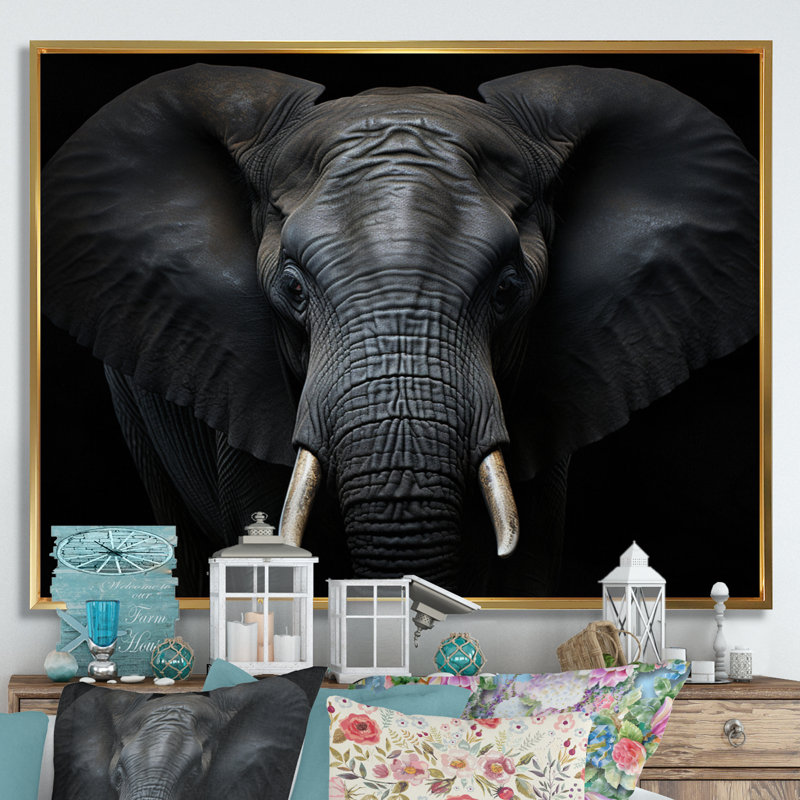 «Black and White Elephant Embrace of Force VI», reproduction sur toile, H 12 po x l 20 po x P 1 po, Cadre flottant doré