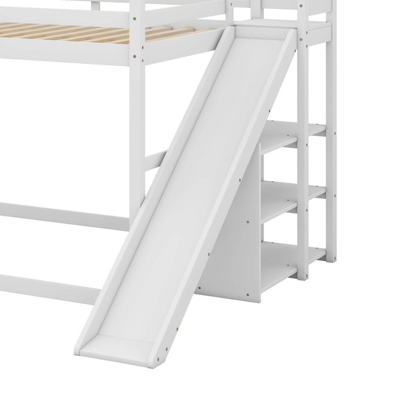 Lit superposé double sur double avec glissière et tablettes, Blanc