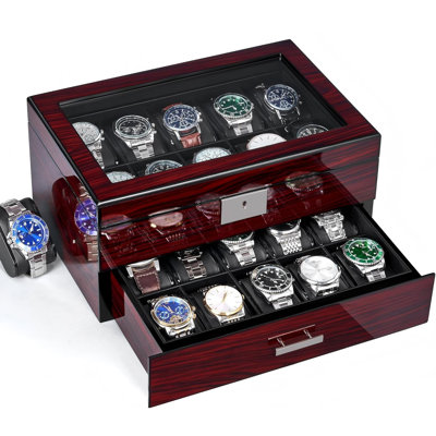 Boîte à montre 20 boîtes à montre pour homme avec grand couvercle en verre 2 niveaux