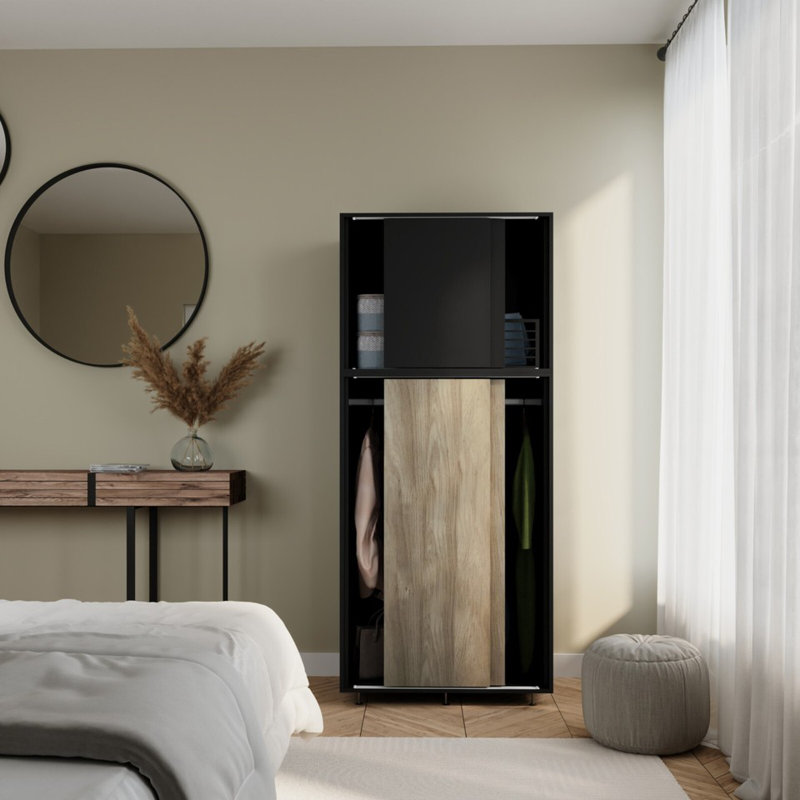 4 Door Solid Wood Wardrobe, Black/Oak