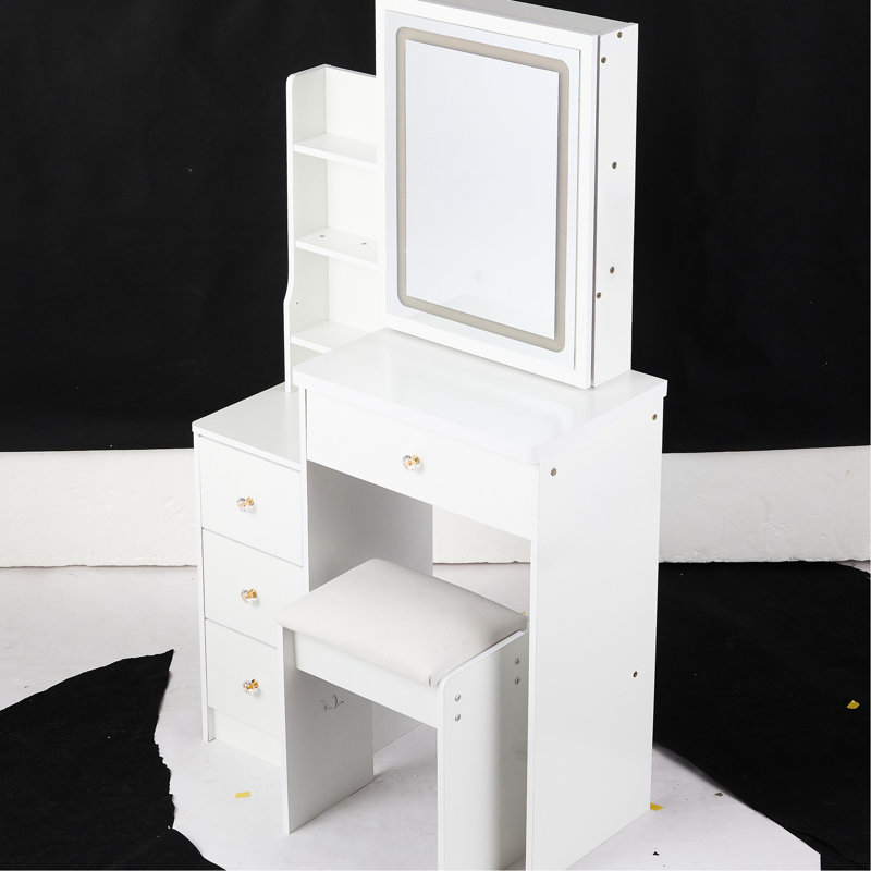 Table de coiffeuse blanche à gauche, miroir à DEL avec 3 couleurs et luminosité réglable, tabouret rembourré, pour les petites pièces