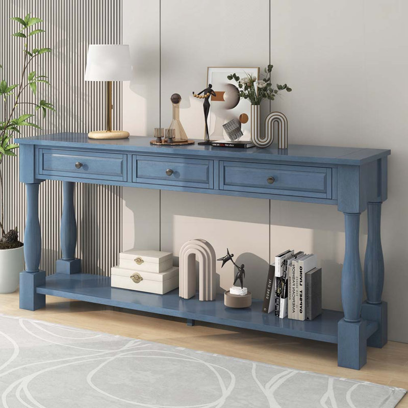 Console de 63 po de long avec tiroirs et tablette, Marine