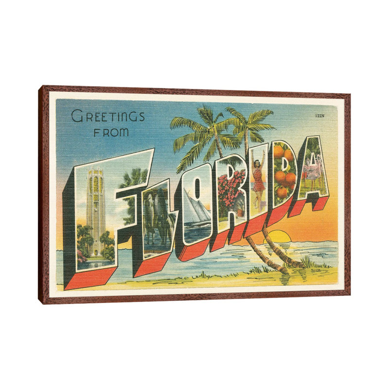 Greetings From Florida V2 - Print on Canvas, 66.04 cm H x 45.72 cm W, Classic Brown Wood Framed