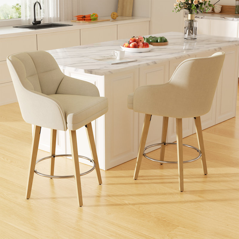 Modern Swivel Bar Stool With Backrest, Armrests And Wood Legs - Counter Height Chair For Kitchen Island, Brown