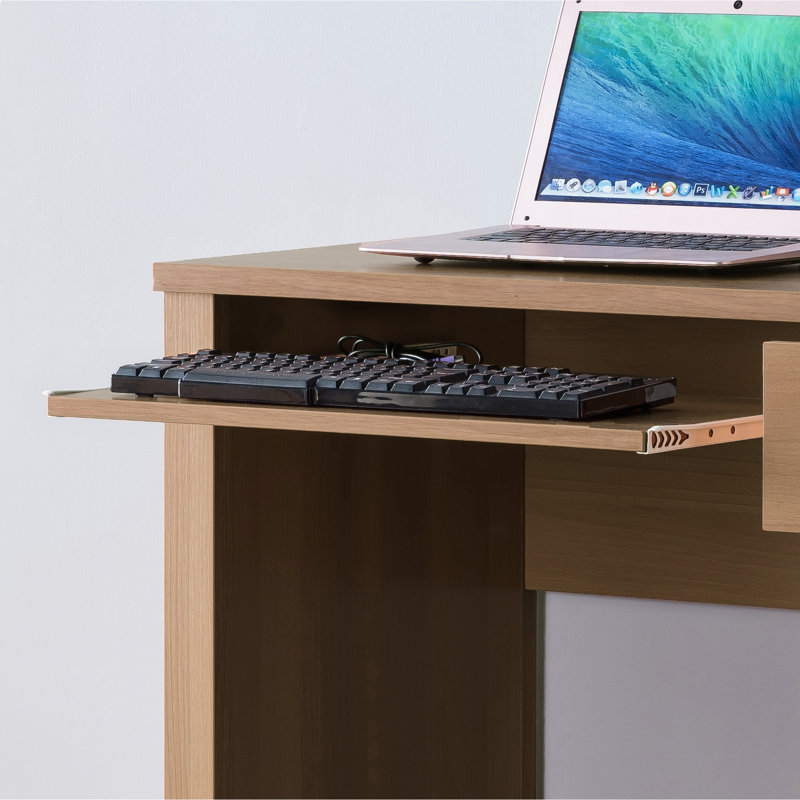 Bureau d'étudiant pour la maison ou le travail (99 cm de large) - Bureau compact beige-brun pour ordinateur portable avec tiroirs et plateau pour clavier