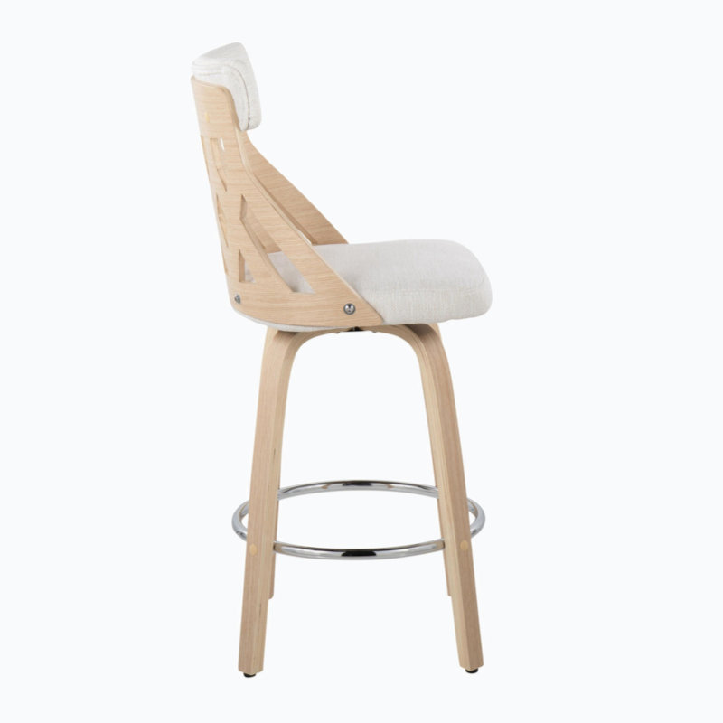 Tabouret de comptoir Mid-Century moderne de 26 po en bois naturel et tissu crème avec repose-pieds chromé par Lumisource