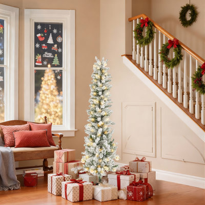 Snow Flocked Pencil Christmas Tree, Prelighted Artificial Slim Christmas Trees With Incandescent Lights For Home, Office, Party Decoration