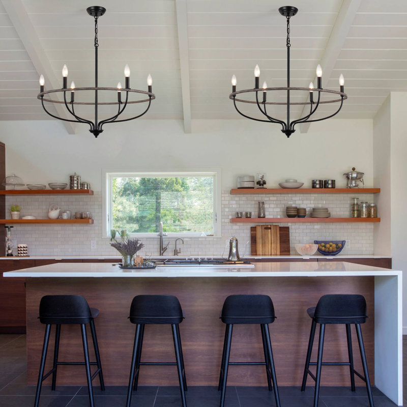 6 - Light Dimmable Wagon Wheel Chandelier, Black