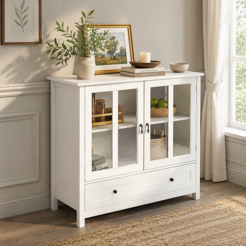 Stylish Buffet Storage Cabinet with Clear Double Glass Doors & Unique Bell Handles - Ideal for Kitchen, Dining Room