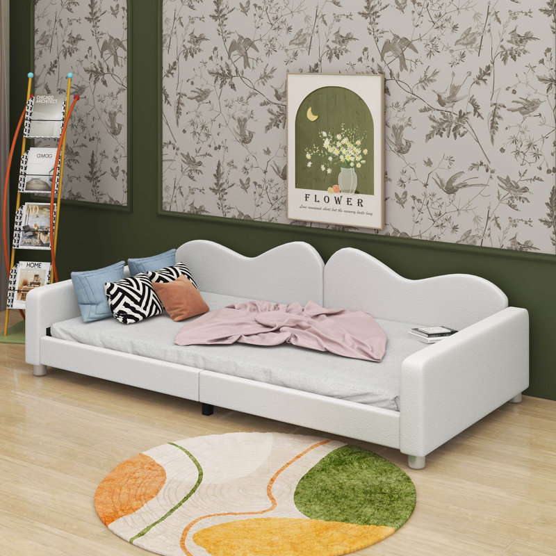 Lit rembourré en tissu sherpa avec dossier en forme de nuage, Beige, Lit simple