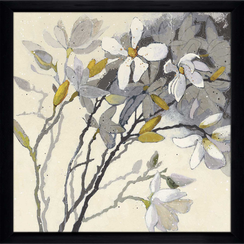 Magnolias jaune gris - peinture, Cadre noir, H 25,5 po x l 25,5 po x P 1 po