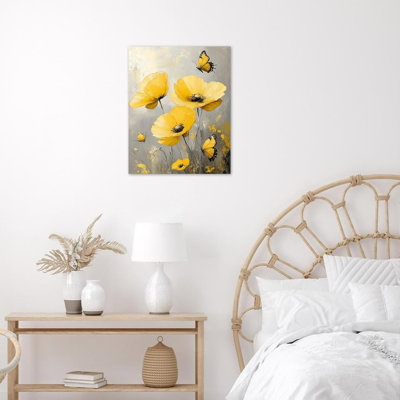 Art mural en toile jaune avec fleurs sauvages et papillons jaunes 12 po x 16 po