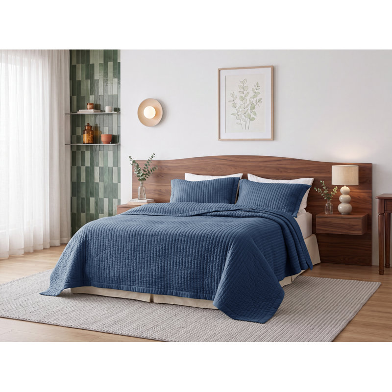  Quilts - Soft Lightweight Quilted Bedspread Coverlet with Contrast Stitching, Twin Quilt + 1 Sham, Navy