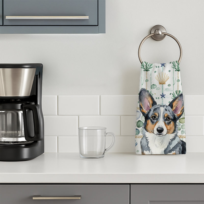 Blue Merle Cardigan Welsh Corgi Coastal Sea Glass Kitchen Towel, Blue Merle Cardigan Welsh Corgi