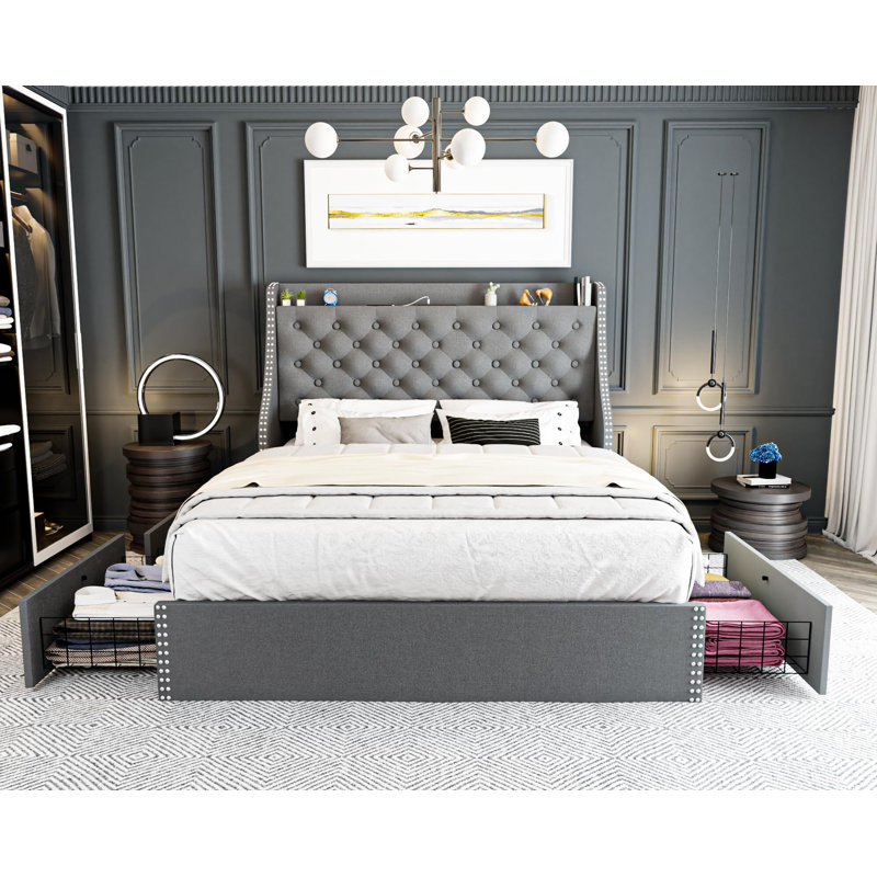 Lit avec 4 tiroirs de rangement et tête de lit, Grand, gris