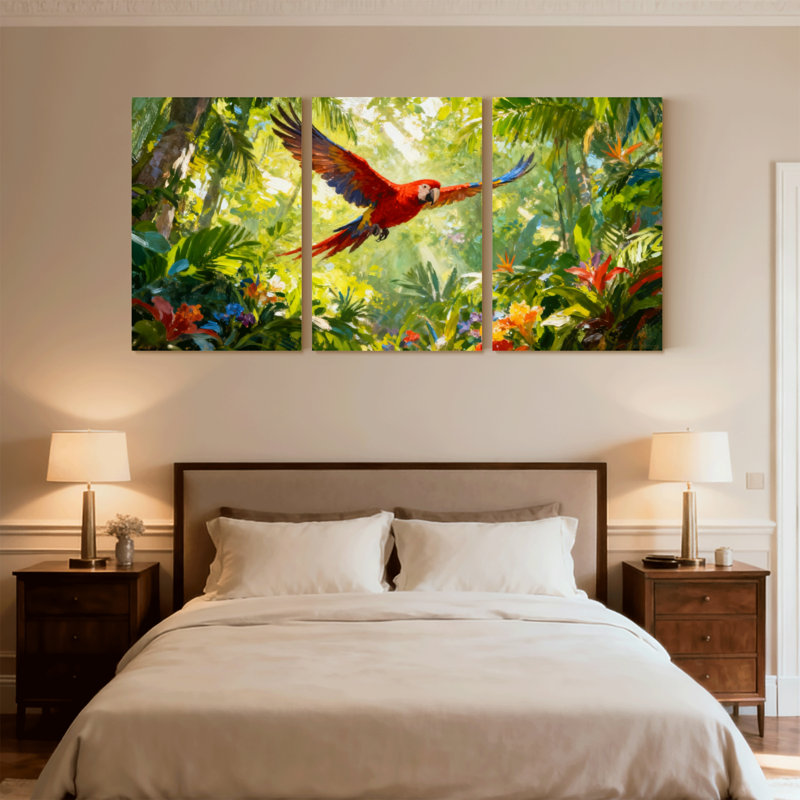 Oiseaux tropicaux perroquets volant au milieu d'une verdure luxuriante, ensemble de 3 impressions sur toile