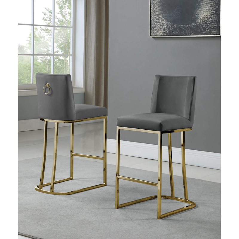 Tabouret de bar et de comptoir en velours Aurrin, Or, Gris foncé, Tabouret de comptoir (siège d'une hauteur de 26 p