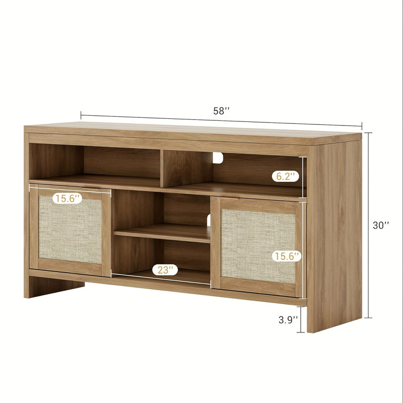 59''Rattan TV Stand for up to 65'',Entertainment Center with Open Storage, Media Console for Bedroom,Living Room,Oak