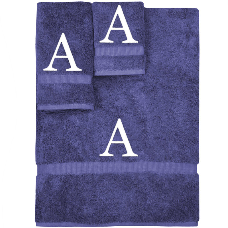 Ensemble de serviettes monogrammées - ensemble de 3 - lettre-bloc, A, Bleu marine/blanc