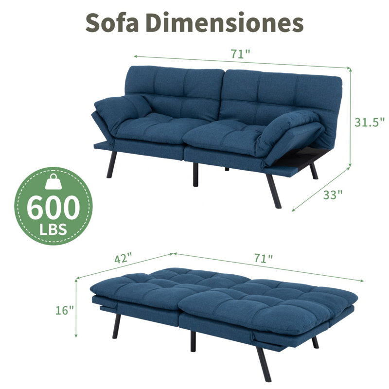 Canapé-lit futon avec mousse et accoudoirs amovibles - 2 à 4 places, Bleu