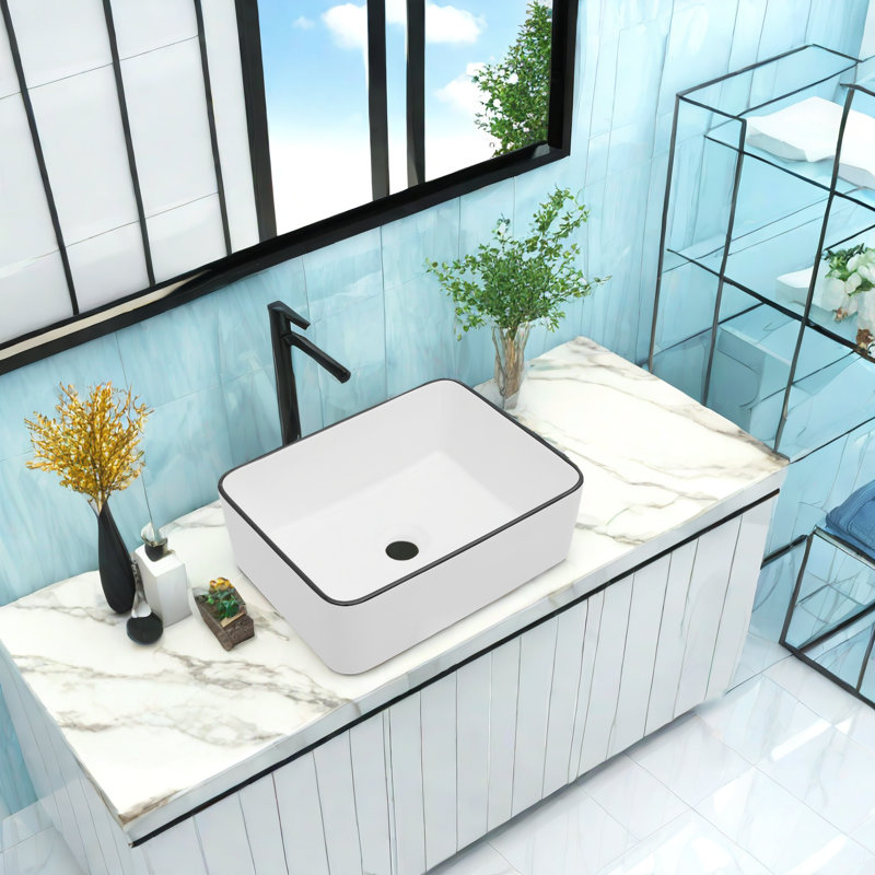 Lavabo de salle de bain rectangulaire en céramique 15 po APRESSHUI, Blanc / noir