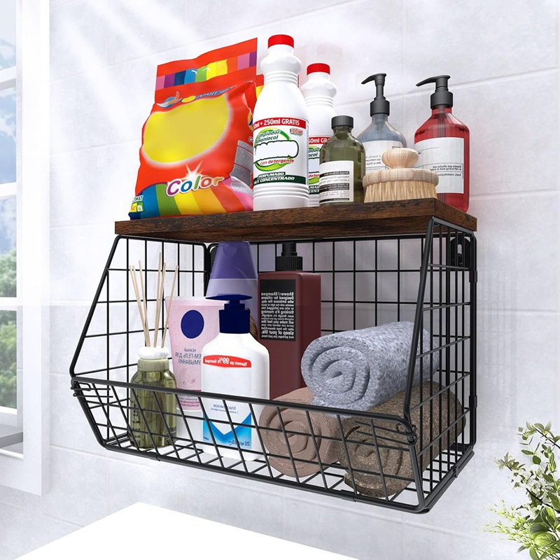 Tablettes murales de salle de lavage avec panier de rangement, organisateur de tablettes en fil empilable pour serviettes, produits de lessive et d'articles ménagers essentiels, rangement compact pour la laveuse et la sécheuse